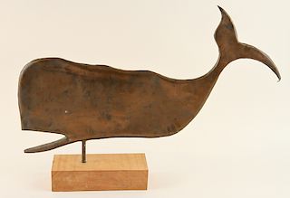COPPER WHALE SHAPED WEATHERVANE ON WOOD STAND