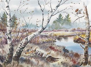 Clarence Boyce Monegar  , (Wisconsin, 1910-1968), Grouse and Birches, 1959