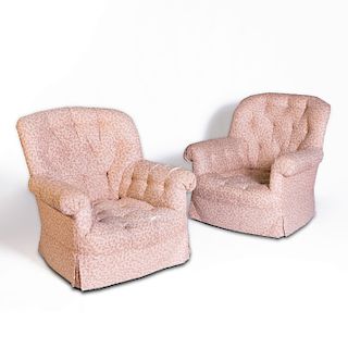 Pair of Tufted Linen Upholstered Club Chairs 