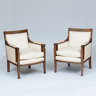 Pair of Empire Style Gilt-Metal-Mounted Mahogany and Parcel-Gilt Bergères