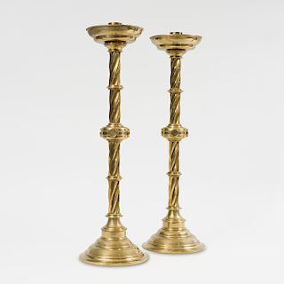 Pair of Tall English Brass Altar Candlesticks, After a Model Designed by Pugin for John Hardman