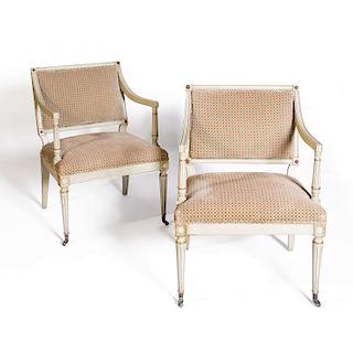 Pair of Neoclassical Style Painted and Parcel Gilt Armchairs