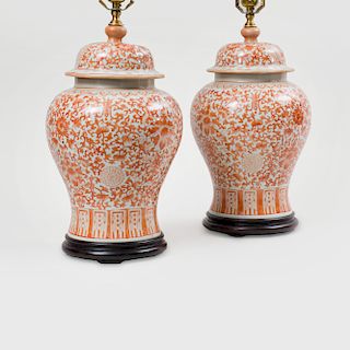 Pair of Chinese Iron Red Decorated Porcelain Jars and Covers Mounted as Lamps, of Recent Manufacture