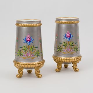 Pair of Paris Porcelain Painted and Gilt-Decorated Silver Ground Vases