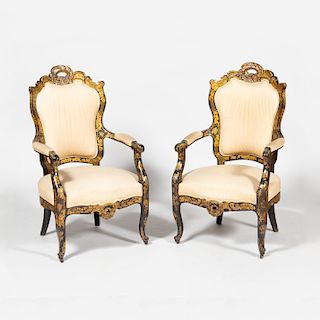 Pair of Victorian Black Lacquer and Parcel-Gilt Armchairs