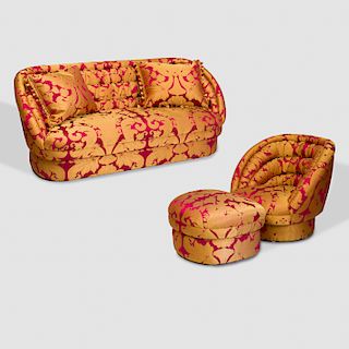 Suite of Silk Damask Upholstered Seat Furniture