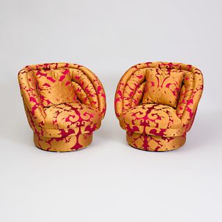 Pair of Silk Damask Upholstered Tub Chairs