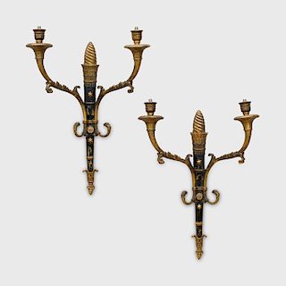 Pair of Empire Style Patinated Parcel-Gilt Bronze Two Light Sconces