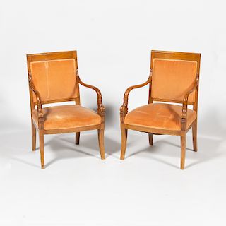 Pair of Empire Style Bleached Walnut Armchairs