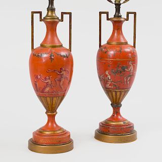Pair of French Tôle Peinte Vases Mounted as Lamps 