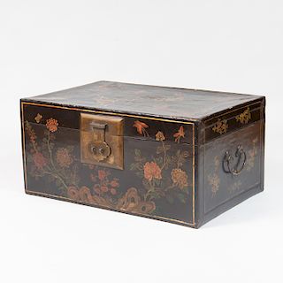 Chinese Brass-Mounted Painted Leather Trunk