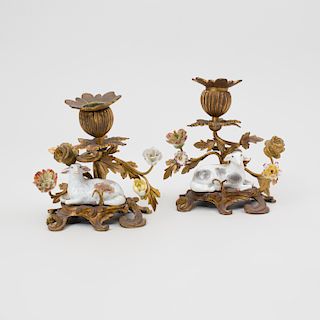 Pair of French Ormolu Candlesticks with Porcelain Recumbent Sheep