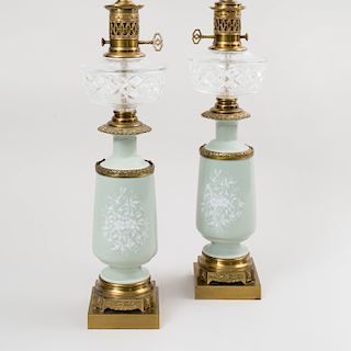 Pair of Celadon Pate-Sur-Pate Porcelain Oil Lamps 