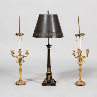 Pair of Empire Style Ormolu Candelabra Converted to Lamps