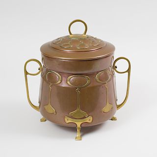Scottish Brass-Mounted Copper Two Handled Vessel and Cover, in the Style of A.W.S. Benson