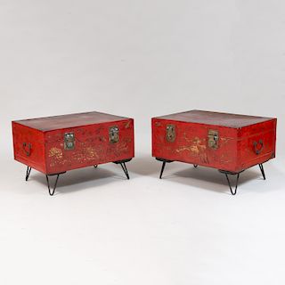 Two Chinese Red Painted Marriage Chests