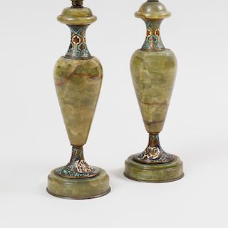 Pair of Continental Cloisonné Mounted Hardstone Table Lamps
