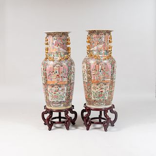 Pair of Canton Rose Medallion Style Large Vases, of Recent Manufacture
