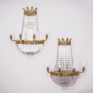Pair of Gilt-Metal Mounted Glass and Mirror Four-Light Sconces