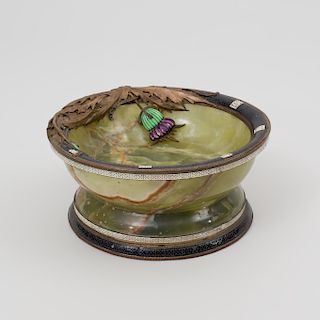Art Deco Style Enameled Copper-Mounted Onyx Bowl