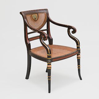 Regency Style Ebonized, Red Painted and Caned Armchair