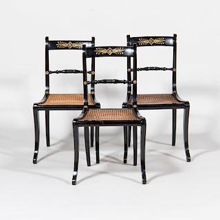 Three Regency Style Metal-Mounted Ebonized and Caned Side Chairs