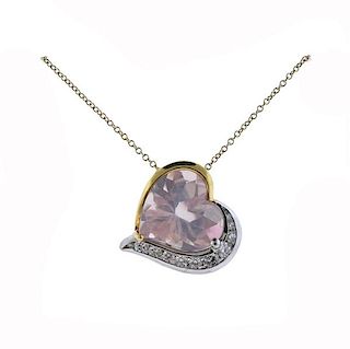  Gold Platinum Diamond Quartz Heart Pendant Necklace