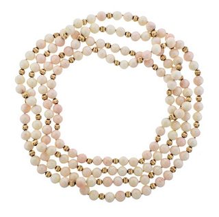 14k Gold Coral Bead Opera Length Long Necklace 