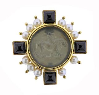 Elizabeth Locke 18k Gold Venetian Glass Intaglio Onyx Pearl Brooch 