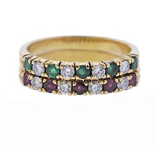 18k Gold Diamond Emerald Ruby Half Band Ring Set 
