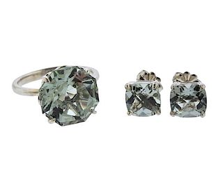 Tiffany &amp; Co Sterling Silver Green Stone Ring Earrings Set