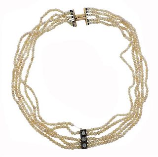 Antique 18k Gold Silver Diamond Pearl Necklace 