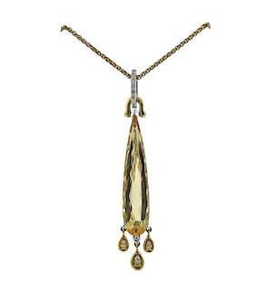 18K Gold Diamond Yellow Stone Drop Pendant Necklace