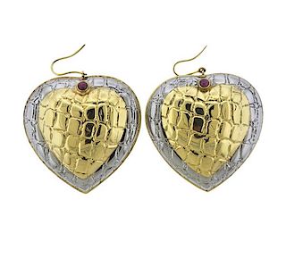 Large Gucci 18K Gold Red Stone Heart Earrings