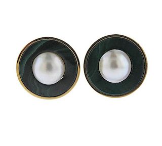 1970s 18k Gold Malachite Pearl Earrings 