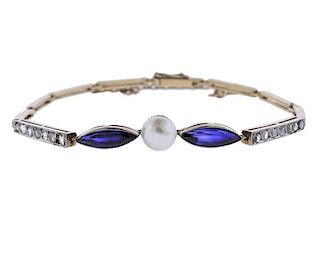Antique 18K Gold Platinum Diamond Blue Stone Pearl Bracelet