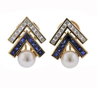 18k Gold Diamond Sapphire Pearl Earrings 