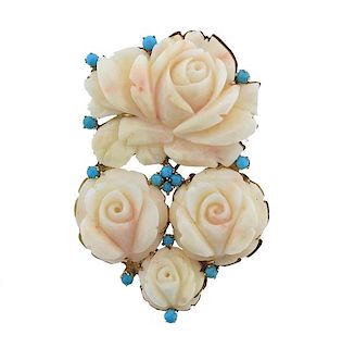 14K Gold Carved Coral Turquoise Rose Brooch Pendant