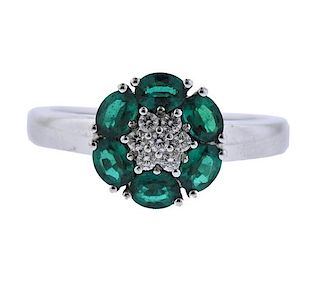 14k Gold Diamond Green Stone Flower Ring 