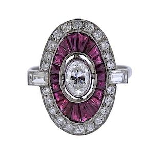 Platinum Diamond Ruby Oval Ring