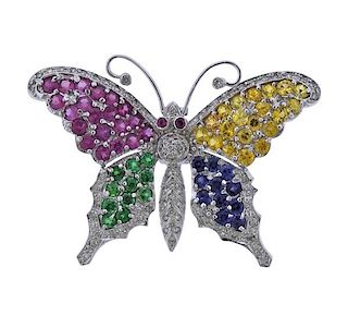 14K Gold Diamond Multi Color Stone Butterfly Brooch Pendant