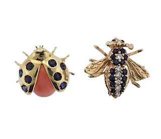 14K Gold Diamond Blue Stone Coral Insect Brooch Lot of 2