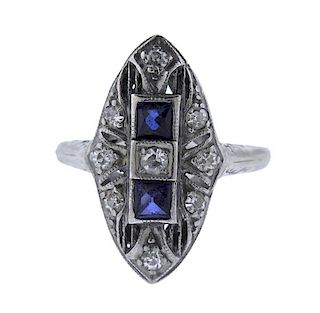 Art Deco Platinum 18K Gold Diamond Blue Stone Ring