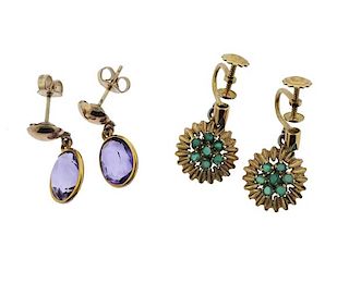 Antique 18K 14K Gold Green Purple Stone Earrings Lot