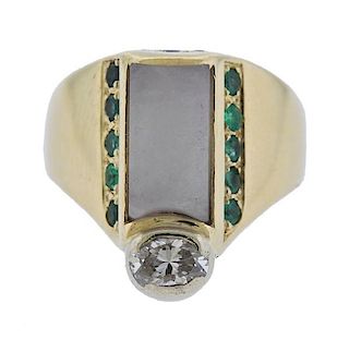 14K Gold Diamond Emerald White Jade Ring