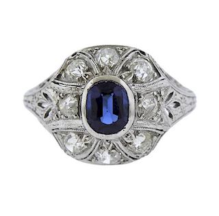 Art Deco Filigree Platinum Diamond Blue Stone Ring