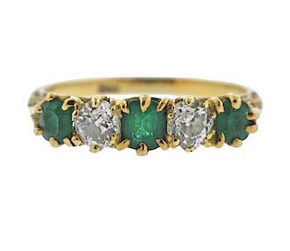 Antique 18K Gold Diamond Emerald 5 Stone Ring