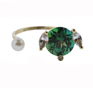 Delfina Dlettrez 18K Gold Diamond Green Stone Pearl Ring