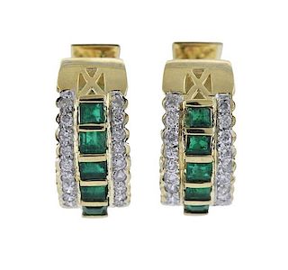14K Gold Diamond Green Stone Hoop Earrings