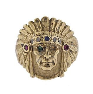 14K Gold Multi Stone Indian Mask Ring